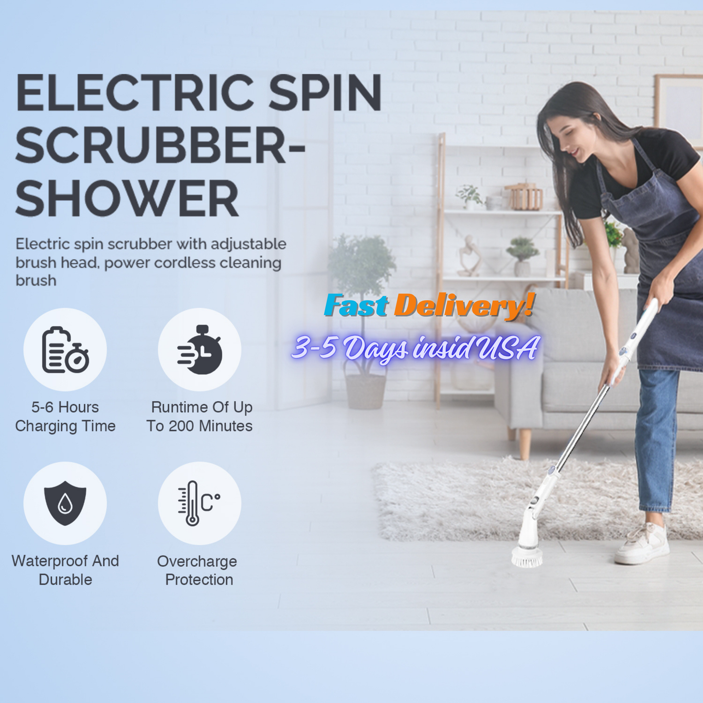 Greater Range Electric Spin Scrubber with Six Detachable Cleaning Brushes-Cordless-IPX-7-Ivory White